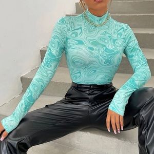 Sky Blue Long Sleeve Marble Print Top